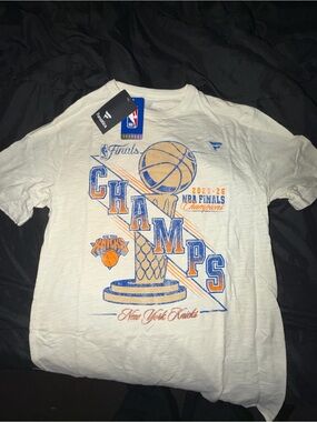 Fanatics White New York Knicks 'Champs' Graphic Tee with Blue & Orange Accents